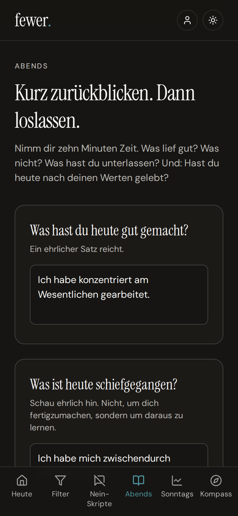 Abendreflexion mit vier Fragen zum Tag und zum Wert des Tages.