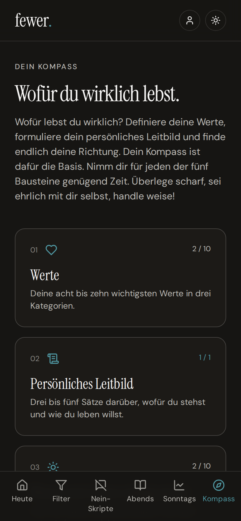 Dein Kompass mit den fünf Bausteinen; Werte, Leitbild, gutes Leben, Haben · Sein · Tun und Ikigai.