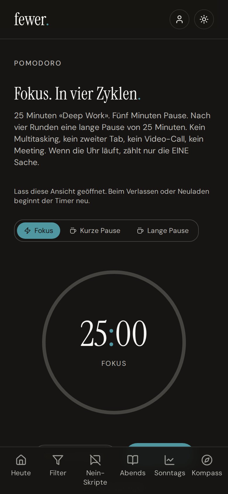 Pomodoro-Timer mit Fokusphase und Pausen.