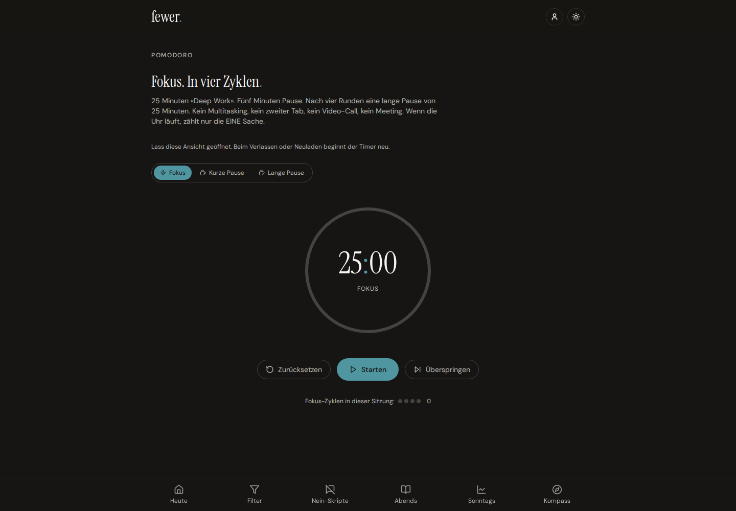 Pomodoro-Timer mit Fokusphase und Pausen.